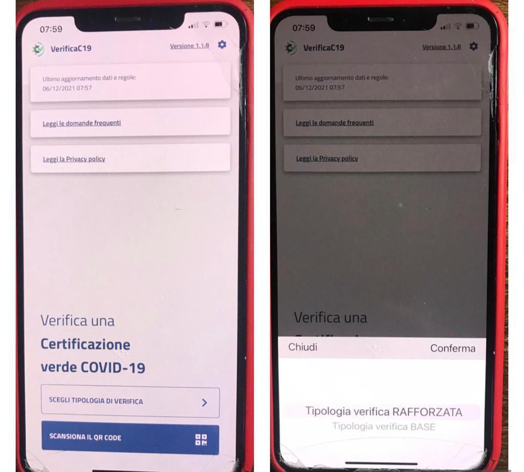 L'applicazione verifica C19:  il menu consente all'operatore di scegliere, a seconda della certificazione richiesta in quel posto, quale tipologia deve essere controllata