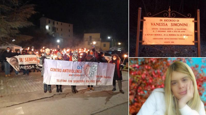 Il corteo in ricordo di Vanessa e, nelle foto a destra: in alto la targa in suo ricordo e, in basso, una bella immagine di Vanessa