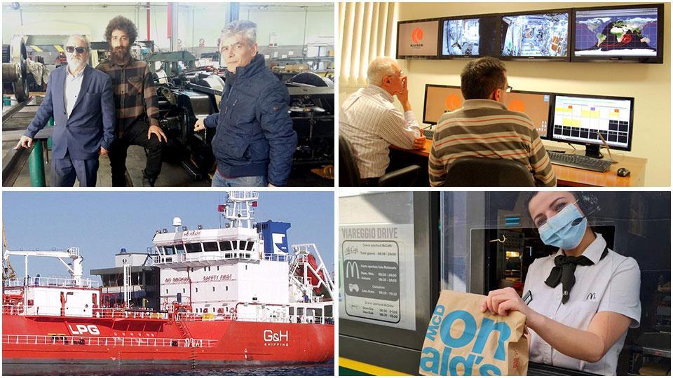 Officine Opus: da sinistra Armindo Giannoni, il figlio Michele e Massimo Favilli in uno dei capannoni all’interporto, Kayser: il centro di controllo all’ex Barcas, G&H Shipping: una delle navi e Dielleci: è la società livornese di McDonald’s