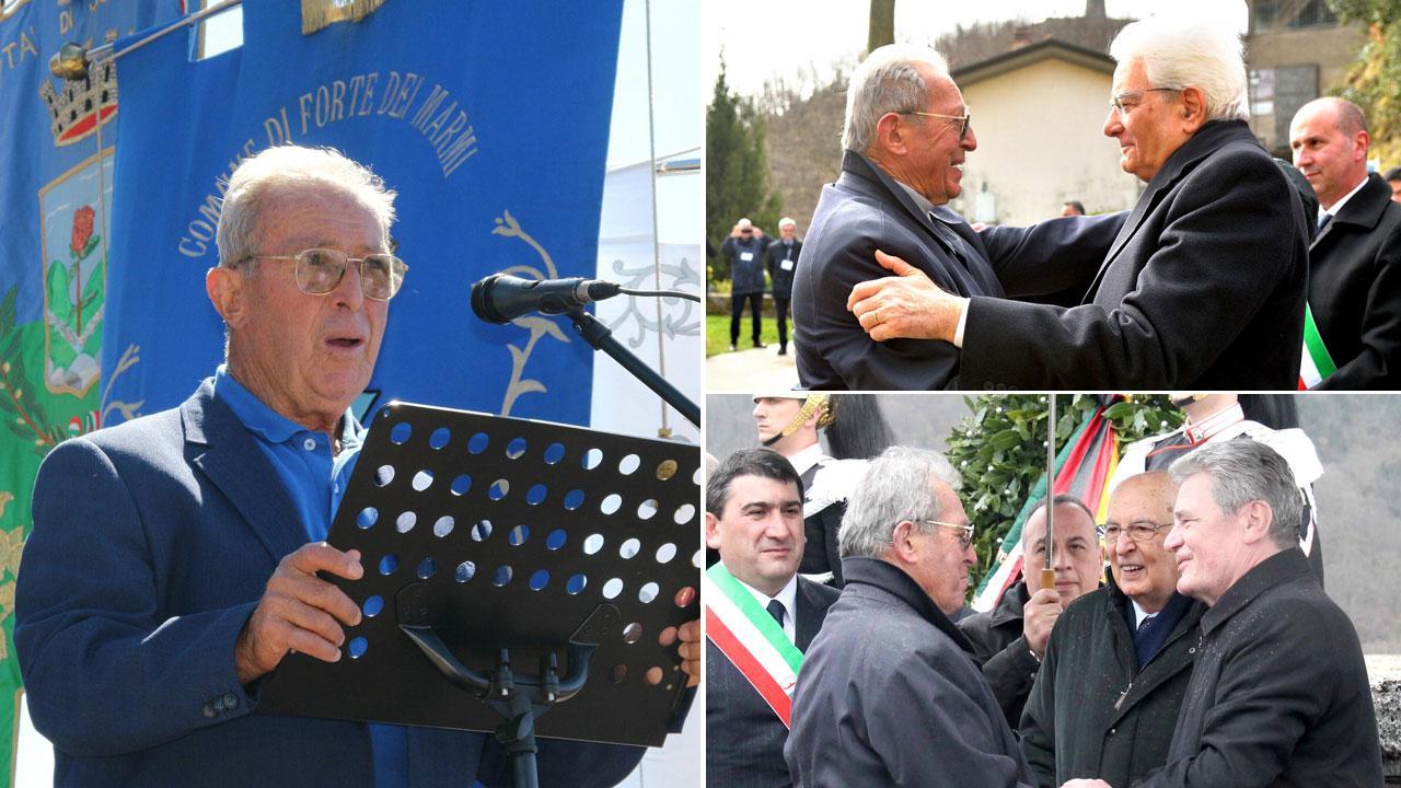 Enrico Pieri a Sant'Anna e accanto sopra con Mattarella e sotto con Giorgio Napolitano e il tedesco Joachim Gauck