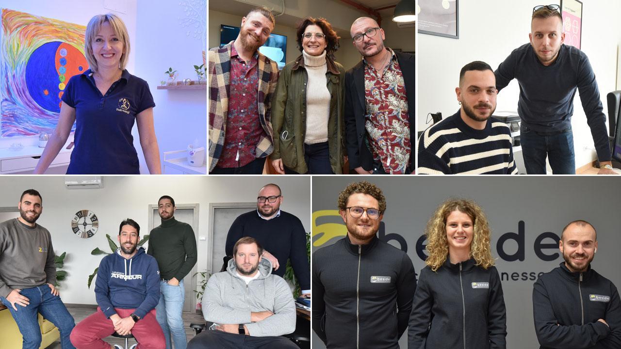 Élite Studio massaggi, Angela Buhanevici; Diego Posati e Leonardo Sanchini di Black Betty con la direttrice dell’Aurelia Antica Laura Mennilli; Tobu Group, Luca Di Maggio (a sinistra) e Marco Vincenti;  2Zero Projects, da sinistra: Claudio Migliorini, Alex Miliani, Giacomo Marano, Massimiliano Falzone Marsili, Matteo Reali;   BeSide -Officina del benessere, da sinistra: Francesco Brizzi, Clarissa Sansoni, Gennaro Accardo ((FOTOSERVIZIO AGENZIA BF)