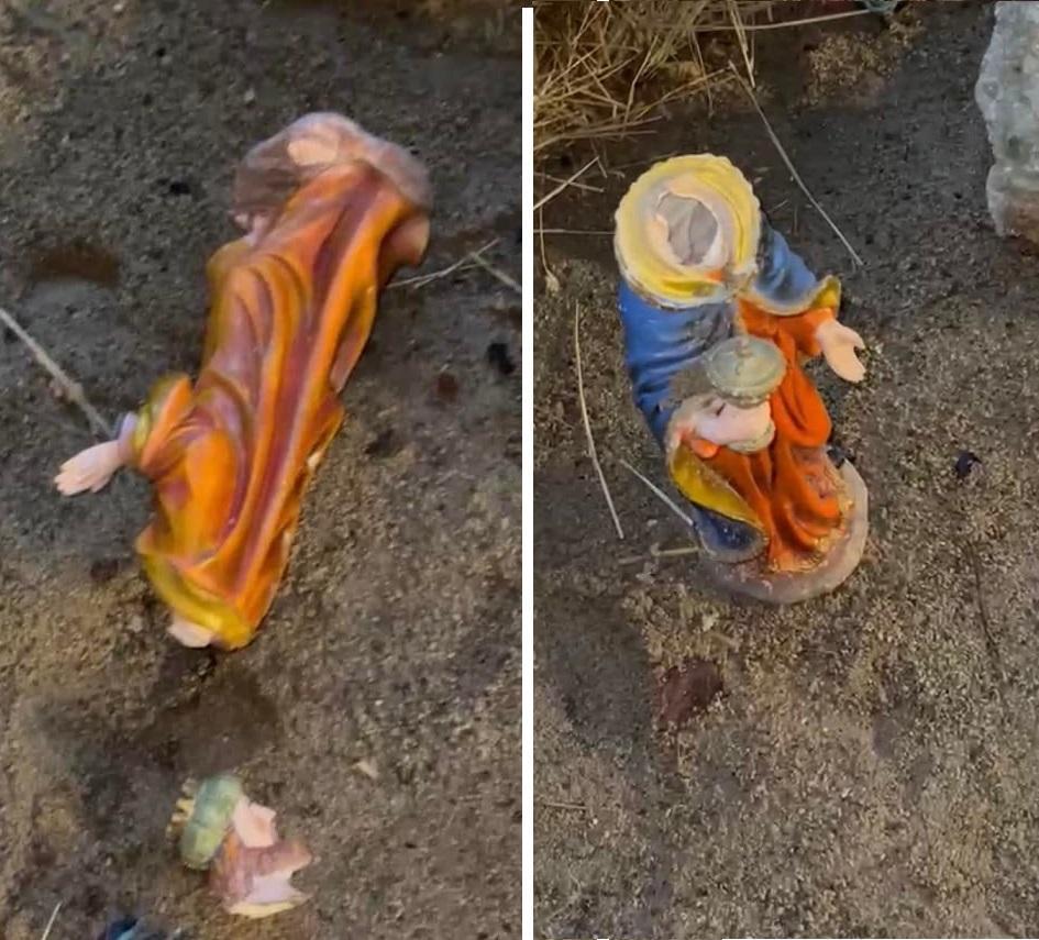 Le statuine decapitate (foto postata su Facebook dal vicesindaco Fabrizio Rossi)