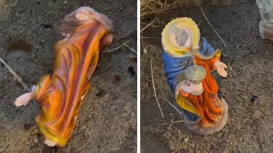Le statuine decapitate (foto postata su Facebook dal vicesindaco Fabrizio Rossi)