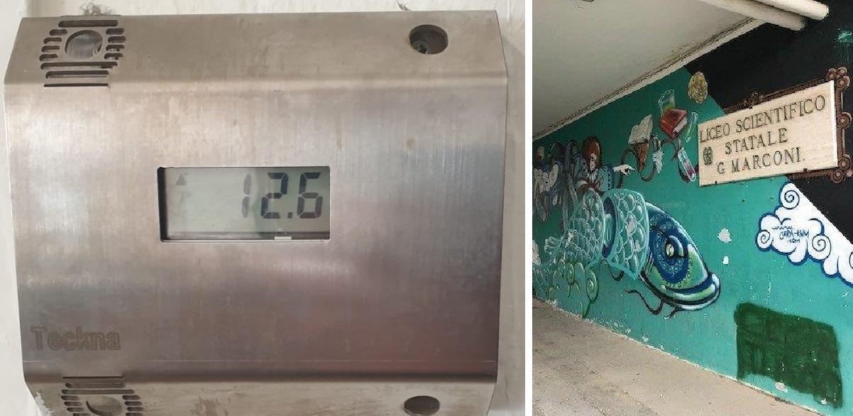 Il termostato del liceo scientifico che segna una temperatura di 12,6° centigradi. A destra l'ingresso della scuola (foto Agenzia Bf)