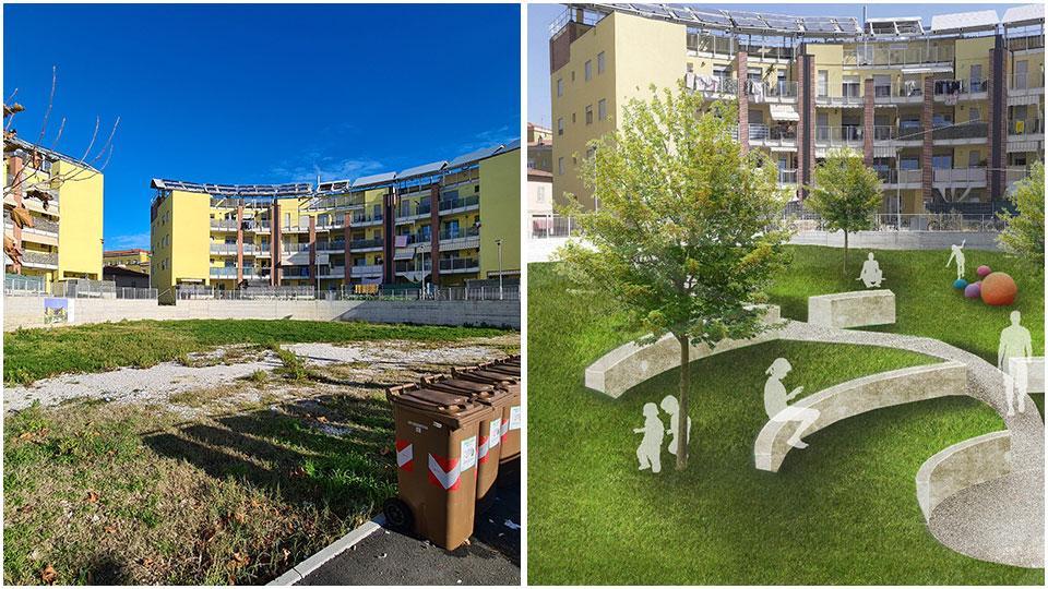 L’area da riqualificare e un elaborato grafico che mostra come diventerà lo spazio verde tra il nuovo blocco popolare e le scuole