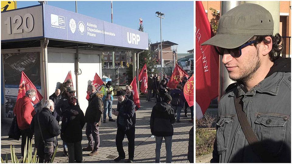 Un momento del presidio di protesta di ieri, lunedì 13, a Cisanello; a destra il 27enne Simone Casella, licenziato in tronco