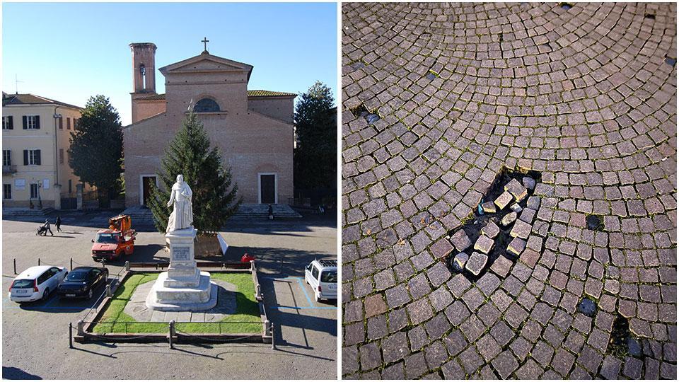 Piazza Boccaccio a Certaldo e i sanpietrini staccati