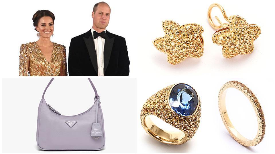 Kate Middleton alla prima di James Bond a Londra con il vestito oro di Jenny Packham, gioielli Villa oro giallo. la borsa Prada “very peri”