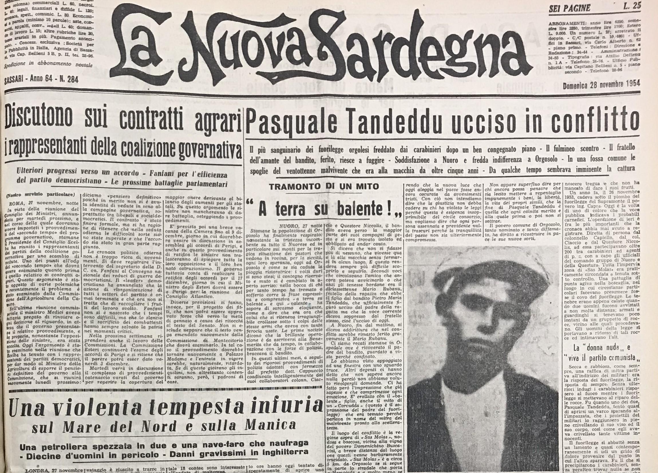 La prima pagina della Nuova Sardegna del 28 novembre 1954