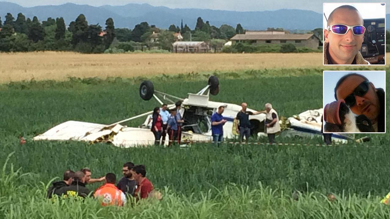 Ciò che rimane dell'areo precipitato vicino al Paduletto. Nei riquadri Cherubino Sbrana (27 anni) e Alessio Orzella (37)