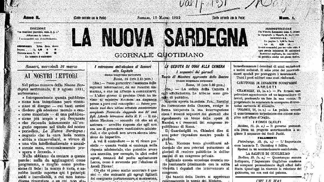 La prima pagina della Nuova Sardegna del 17 marzo 1892: il giornale diventa un quotidiano