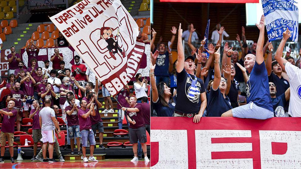 I tifosi della Libertas durante il derby di Supercoppa giocato a inizio stagione e a destra un’immagine dei Rebels nella curva sud del Modigliani Forum. Il primo derby di serie B dopo 40 anni non andrà in scena dopo il rinvio deciso dalla Fip a seguito del provvedimento di quarantena per i giocatori della Libertas