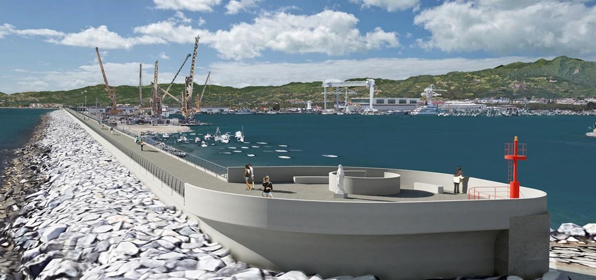 Il rendering (immagine grafica)del progetto definitivo del quarto lotto del Waterfront: passeggiata del molo di Marina di Carrara