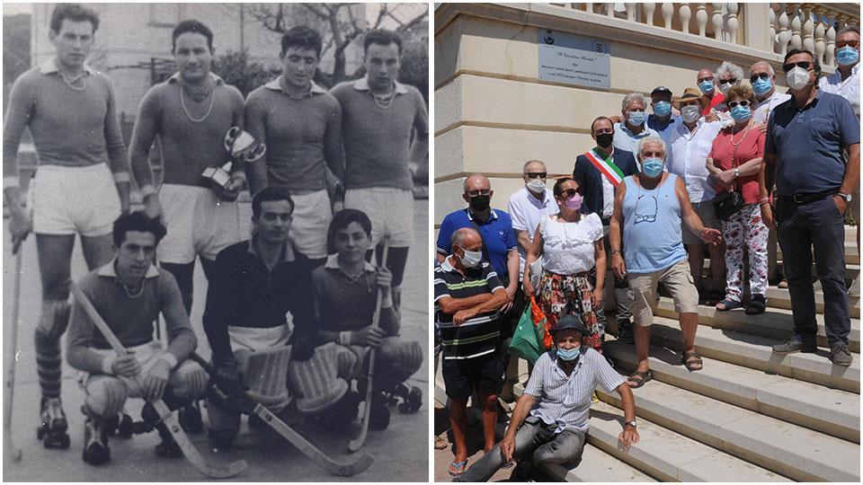 .Hockey alla pista del Florida:una formazione del Follonica nel 1954: in piedi da sinistra Porciani, Ticciati, Banti e Bargellini; accosciati Capacci, Benedetti, Gavazzi e la cerimonia di apposizione della targa
della scorsa estate