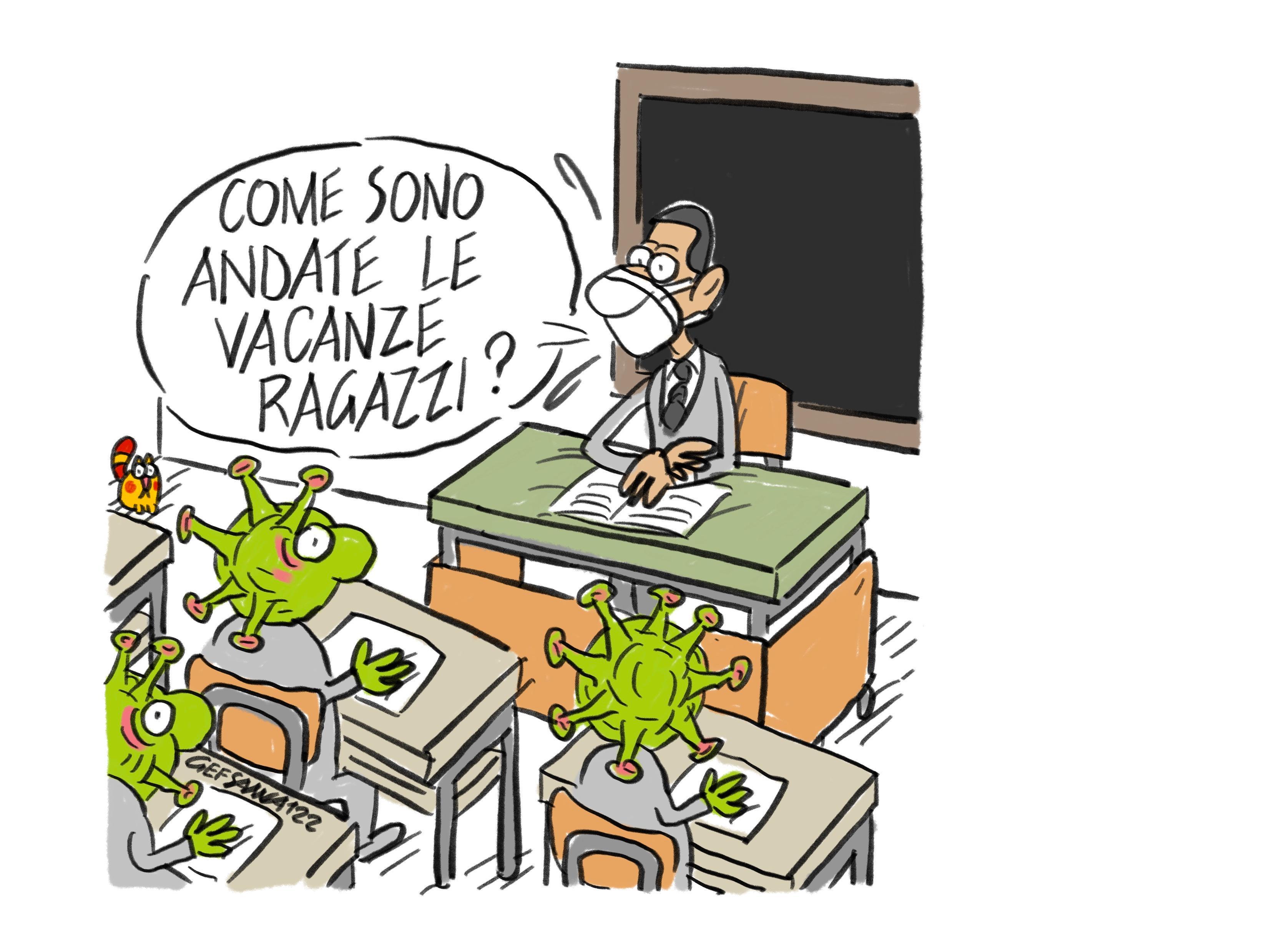 La vignetta di Gef: studenti in classe, incertezza su come gestire i casi di positività