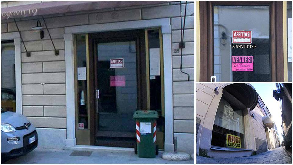 Il cocktail bar e ristorante Convitto, ora chiuso, il cartello di vendita del Convitto e lo Steak burger in via Cavour