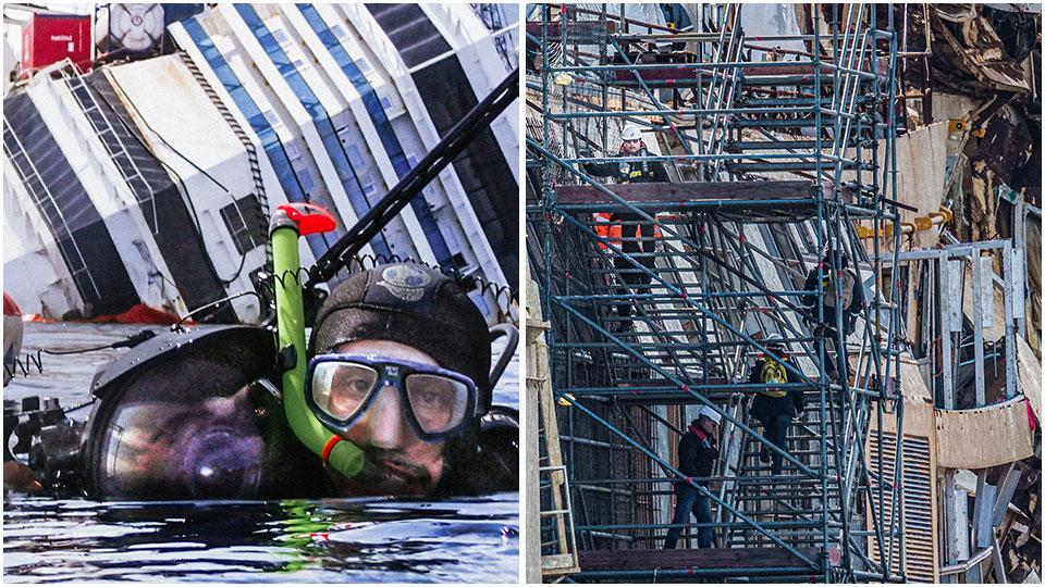 Sestini che si immerge davanti al relitto e Schettino che torna a bordo