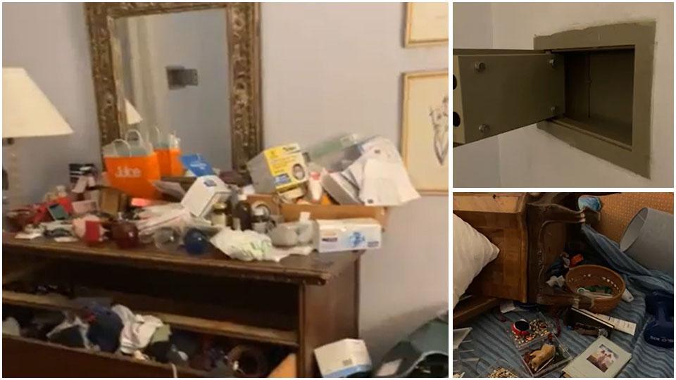 gli oggetti che i ladri hanno tirato fuori dai cassetti e sparso ovunque e la cassaforte aperta
