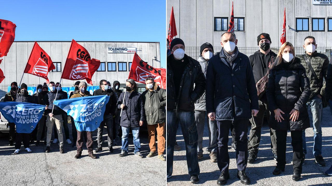 La prima manifestazione il 12 gennaio davanti allo stabilimento di Carraia e nella foto a destra il sindaco Menesini e l’assessora Frediani al presidio del 14 gennai