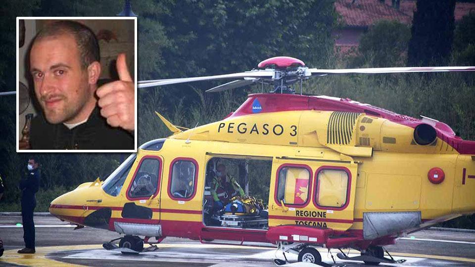 L'elisoccorso Pegaso e, nel riquadro, Giulio Burattini, morto a 36 anni dopo essere stato caricato da un cinghiale nei boschi della Maremma