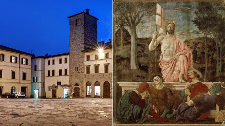 La bella piazza di Sansepolcro, sopra la Resurrezione di Piero della Francesca