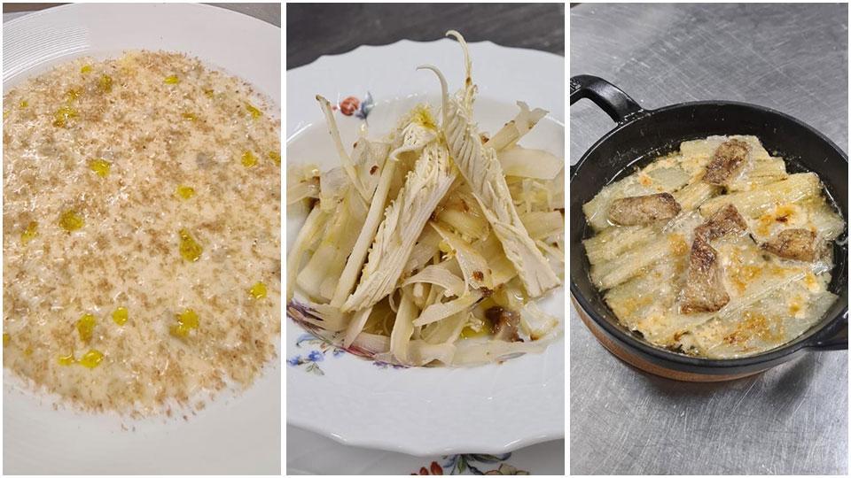 risotto gobbi e bottarga di tonno, insalata di gobbi e bagna cauda e gobbi gratinati al midollo