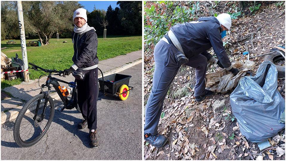 Francesco Stefanini con bici e carrello gira la città per ripulirla dall’immondizia