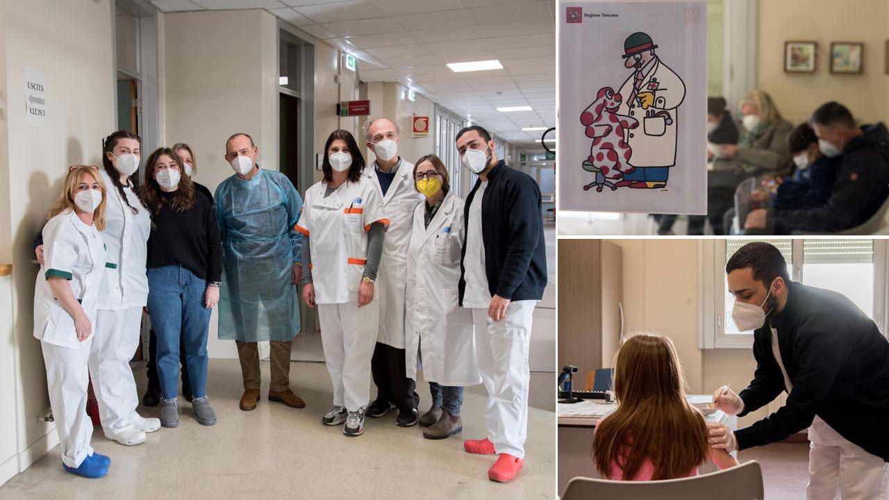 Lo staff sanitario per le vaccinazioni pediatriche a Campo di Marte, con gli infermieri e i medici Buono, Cesaretti e Crispin. A destra, una vaccinazione e la sala d’attesa (fotoservizio Ilaria Genovesi)