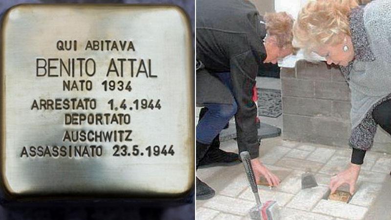 La “pietra d’inciampo” dedicata a Benito Attal. La posa di una “pietra” in via della Coroncina (Pentafoto archivio Il Tirreno)