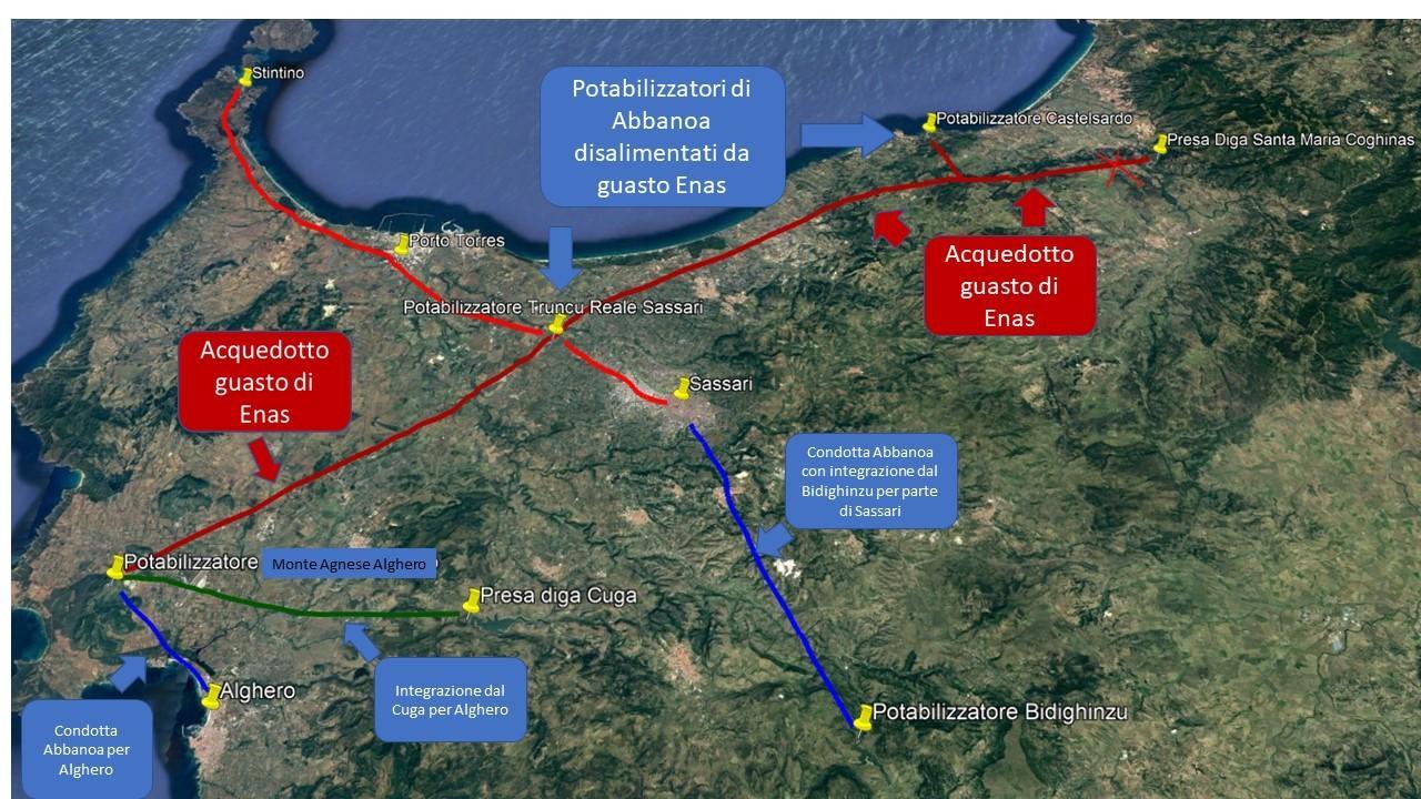 La cartina mostra le aree colpite dal disservizio dovuto alla rottura di un pezzo di condotta dell'acquedotto Coghinas 2
