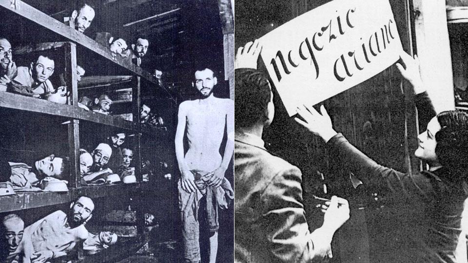 Anno 1938, la persecuzione anti-ebraica con la proclamazione dell’”arianità” di un negozio;
a destra: l’interno di uno dei campi di stermino realizzati dal regime nazista per eliminare gli ebrei