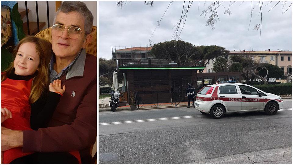una foto (concessa dalla famiglia) di Aldo Salvatori con la nipote Bianca e il tratto del lungomare dove si trovava quando ha avuto il malore