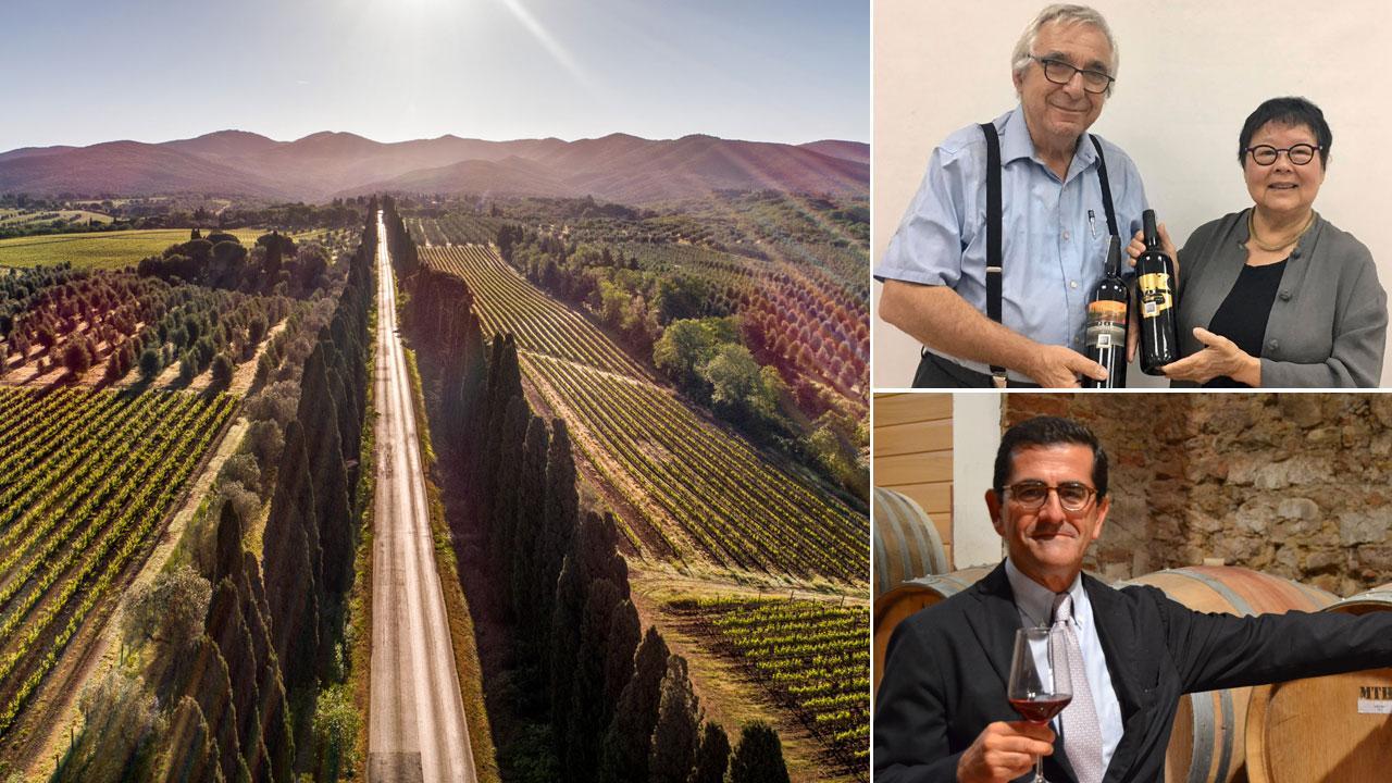 Una veduta dall’alto del viale di San Guido e del paesaggio bolgherese segnato dai filari di vite; in alto a destra Franco Batzella e Khanh Nguyen che nel 2000 a Bolgheri hanno fondato l’azienda Batzella; sotto Mario Cuccia, presidente dell’azienda vitivinicola San Felice di proprietà del Gruppo Allianz che opera in tre zone produttive della Toscana: Chianti Classico, Montalcino e Bolgheri