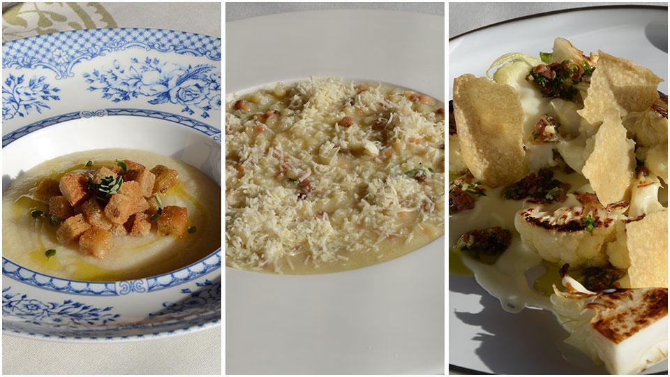 Crema all'arancia, fregola con pecorino e pepe e arrostito e con la salsa