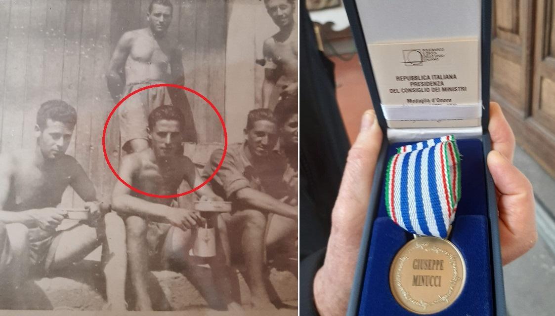 Giuseppe Minucci (nel cerchio rosso) e, a destra, la Medaglia d'onore alla memoria che gli è stata conferita
