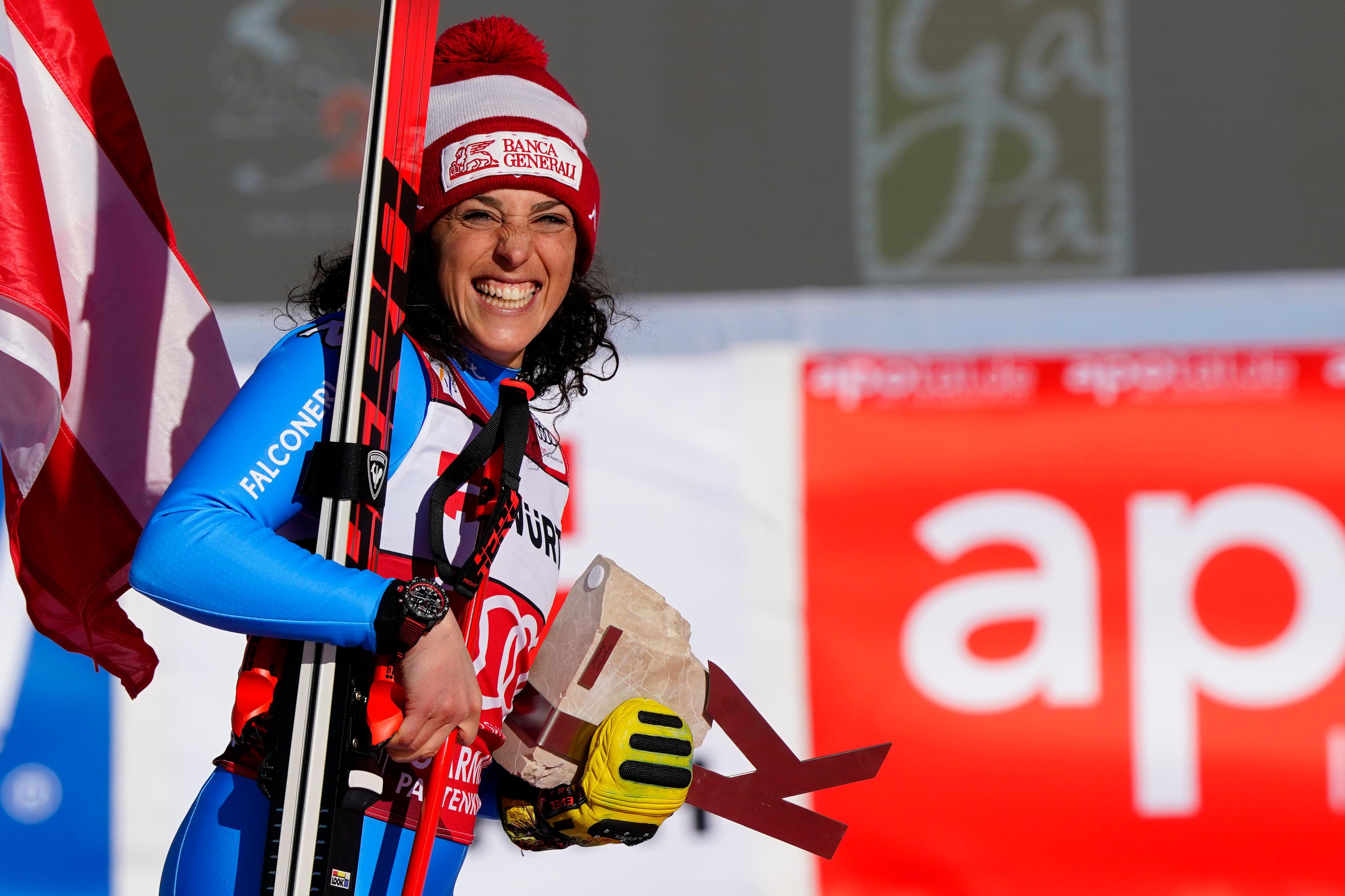 La felicità di Federica Brignone dopo aver tagliato il traguardo