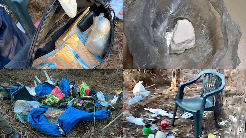 In alto: il marsupio con i soldi sequestrati dalla polizia municipale e i 31 grammi di cocaina purissima. Qui sopra: il bivacco smantellato durante il blitz nei boschi delle Cerbaie a Fucecchio