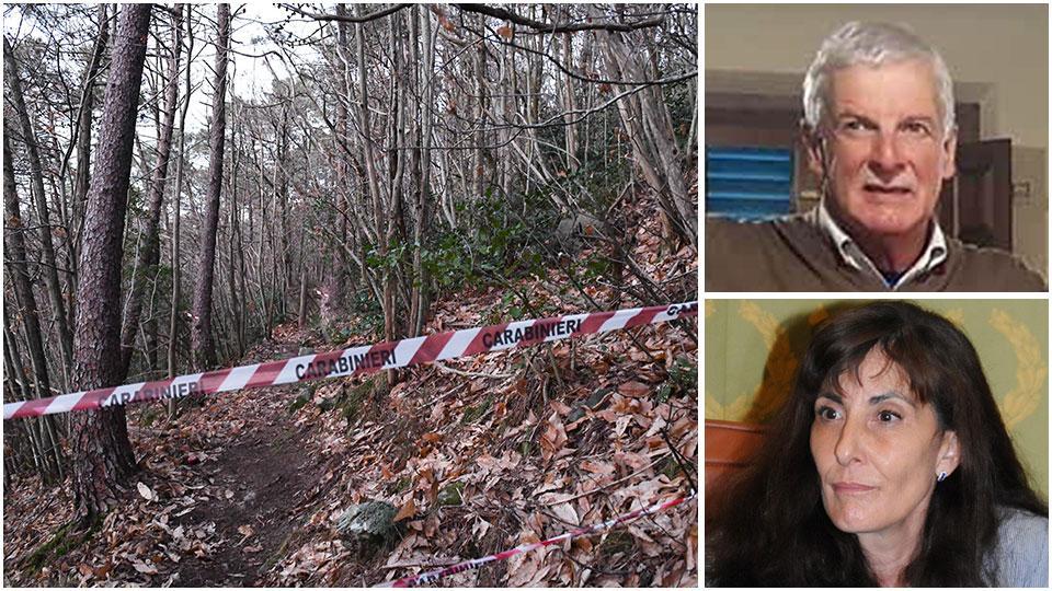 la fettuccia dei carabinieri delimita l’area dell’incidente mortale nei boschi del monte Serra, la vittima, Romano Dal Porto, e il sostituto procuratore Sara Polino