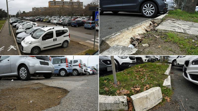 Quattro immagini che testimoniano la situazione attuale del parcheggio di via Senese antistante l’ospedale (Foto agenzia BF)