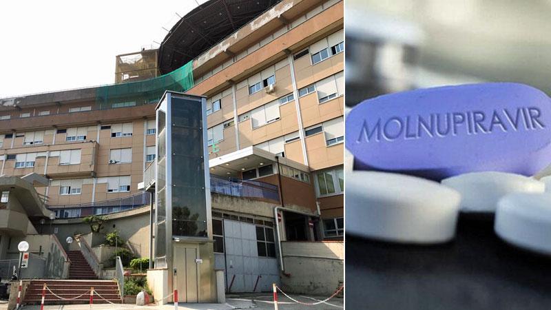 A sinistra l’ospedale di Portoferraio, cui fa capo il pool di cura. A destra le pillole anti-Covid Molnupiravir, indicate per una terapia antivirale praticata a domicilio