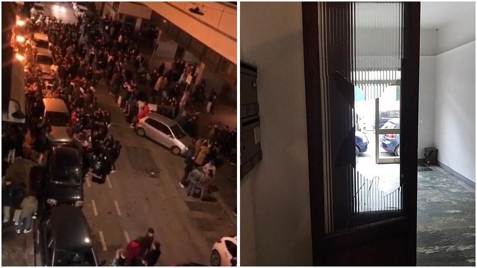 Via Roma nella notte di sabato scorso e le due porte a vetri del palazzo al civico 5 sfondate