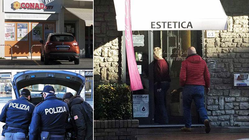 Un controllo della polizia dopo le due rapine avvenute tra le 12, 15 e le 15, 30 sul litorale e nella prima periferia. Il punto Conad City di Tirrenia colpito per primo dal rapinatore nella sequenza  che lo ha poi portato anche a Pisa. Il centro “Maison dell’estetica” in via dell’Aeroporto dopo il bandito ha chiuso all’interno del locale titolare e commessa dopo aver preso l’incasso (Foto Muzzi)
