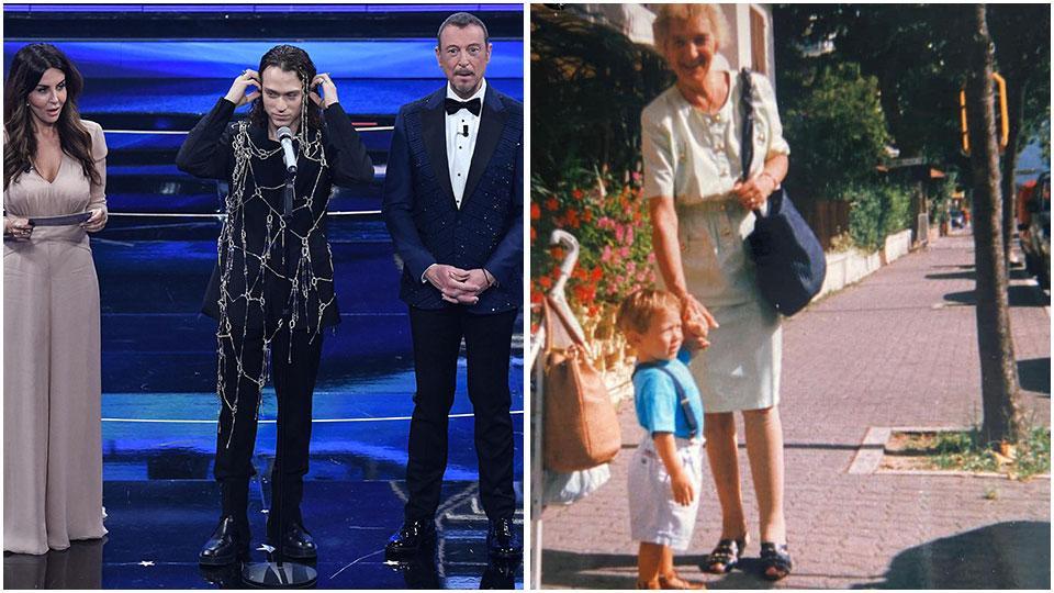 Irama (al centro) con Amadeus e l’attrice Sabrina Ferilli sul palco dell’Ariston e un Irama bambino per mano alla nonna materna, Adriana Marciò