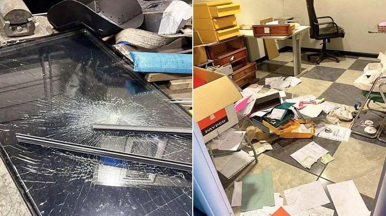 A sinistra il vetro della ditta Vitam costruzioni e sinistra gli uffici della ditta Edil 83 di via Filzi