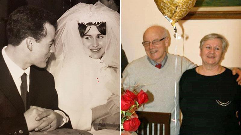 A sinistra le nozze di Angela Boldini e Nedo Di Batte, a destra la coppia mentre festeggia il 50esimo anniversario di matrimonio