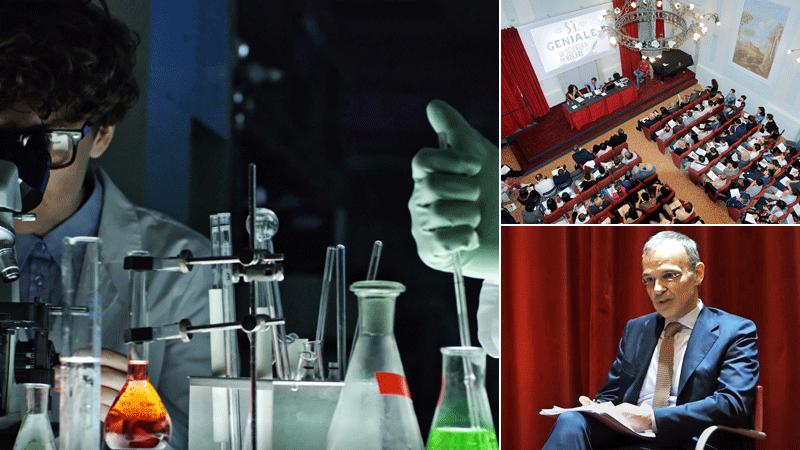 Un giovane ricercatore al lavoro in un laboratorio, in una immagine d’archivio: il bando emesso dalla Fondazione cercava proprio di finanziare questo genere di attività.
A destra, in alto il saloncino nella sede della Fondazione Cassa di risparmio gremito di pubblico durante una iniziativa della Fondazione; in basso il presidente della Fondazione Lorenzo Zogheri (Foto Gori)