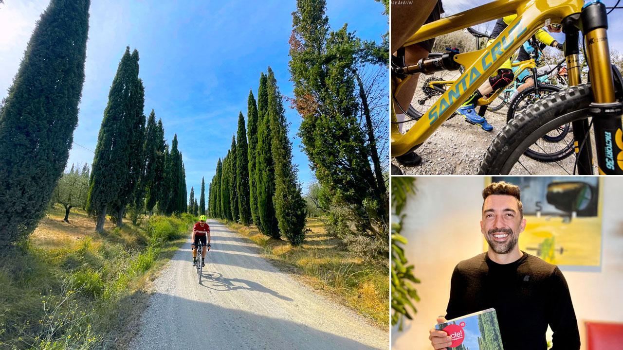 In bicicletta sulle strade della campagna di Castagneto, a fianco l’assessore Cristiano Pullini, promotore del progetto Castagneto Bike Resort, per la formazione di personale specializzato nel turismo delle due ruote, uno dei segmenti di maggior potenziale per il turismo della costa. In alto a destra una mountain bike