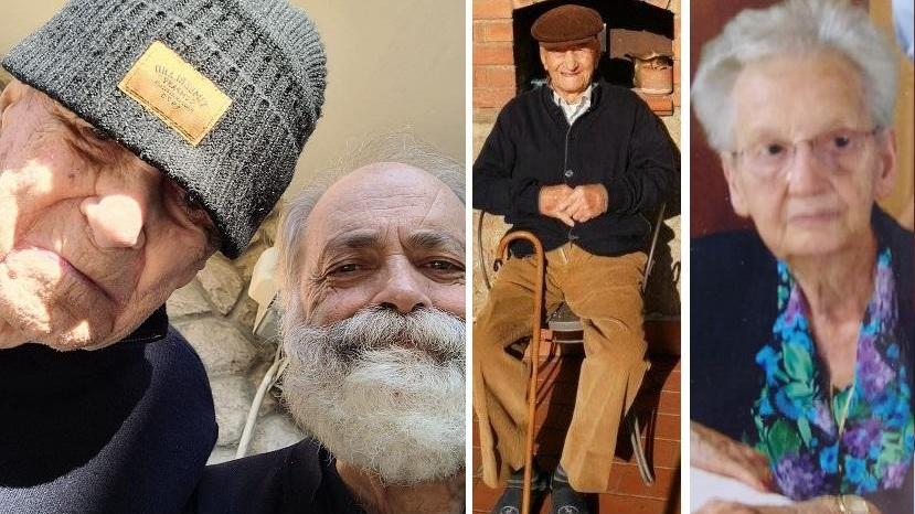 Da sinistra Fernando Giusti, 106 anni l'11 febbraio 2022, con il figlio Marco; Romolo Netti, 100 anni il 21 gennaio; Ilma Rossi, 99 anni il 7 febbraio