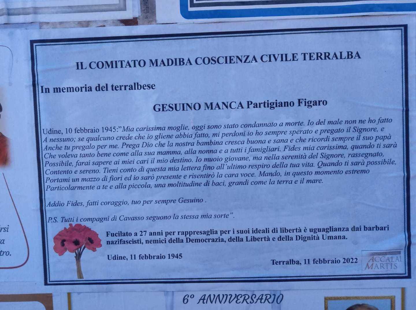 Necrologio per il partigiano fucilato 