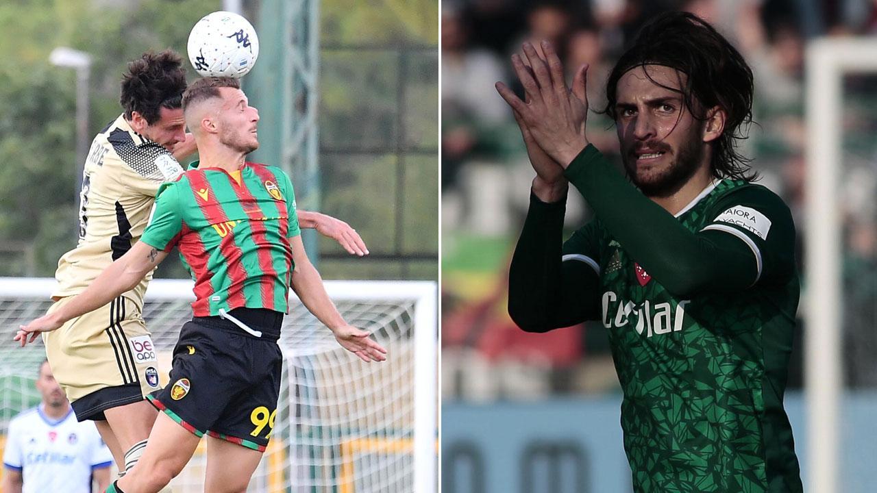 Donnarumma contro Leverbe durante Ternana-Pisa e nella foto a destra l’attaccante Ernesto Torregrossa con la maglia del Pisa